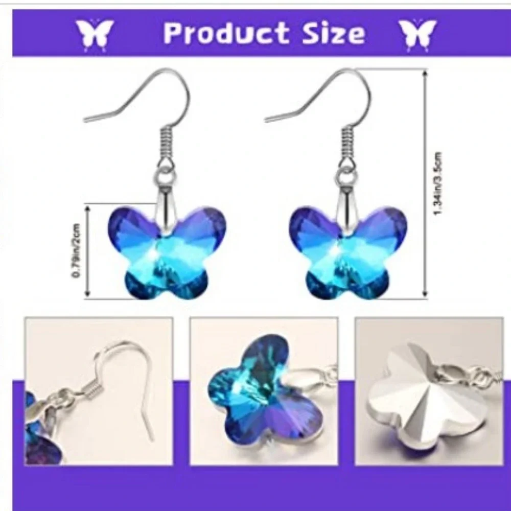 Pink Butterfly Earrings Dangle Crystal Cut Earrings Butterflies Silver Sparkle - Picture 5 of 7
